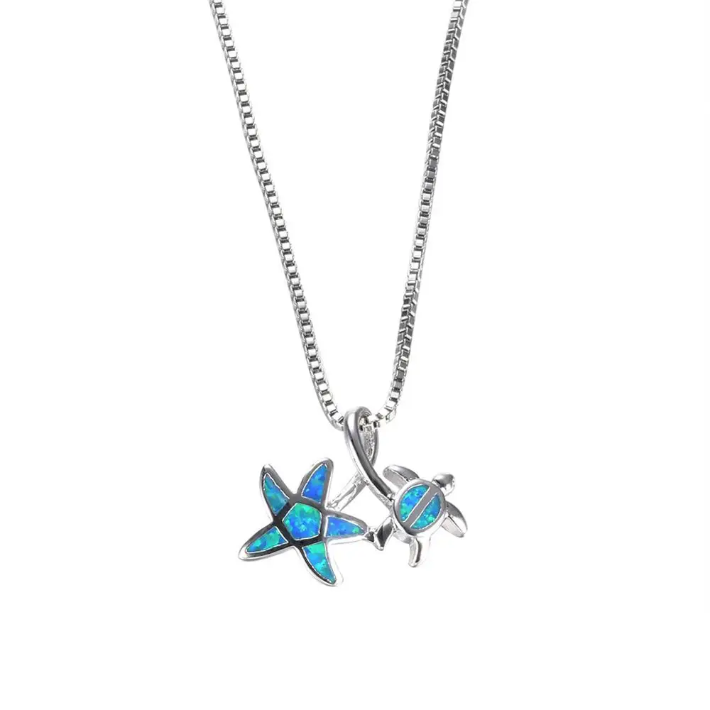 

Boho Blue Opal Sea Turtle Starfish Sets Pendant Necklaces Silver filled sea animal summer beach Jewelry necklace for women