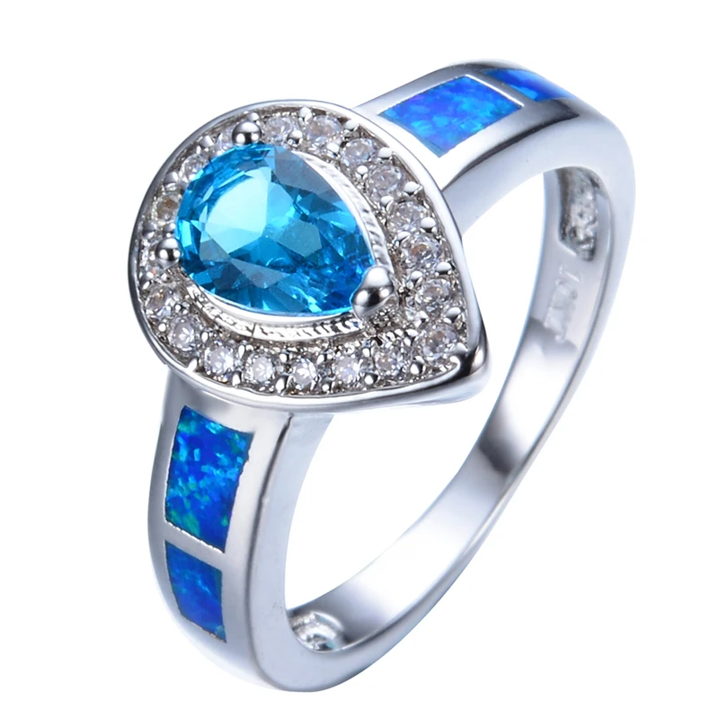 Elegant Blue Opal Water Drop Light Blue Ring Men Women White Zircon
