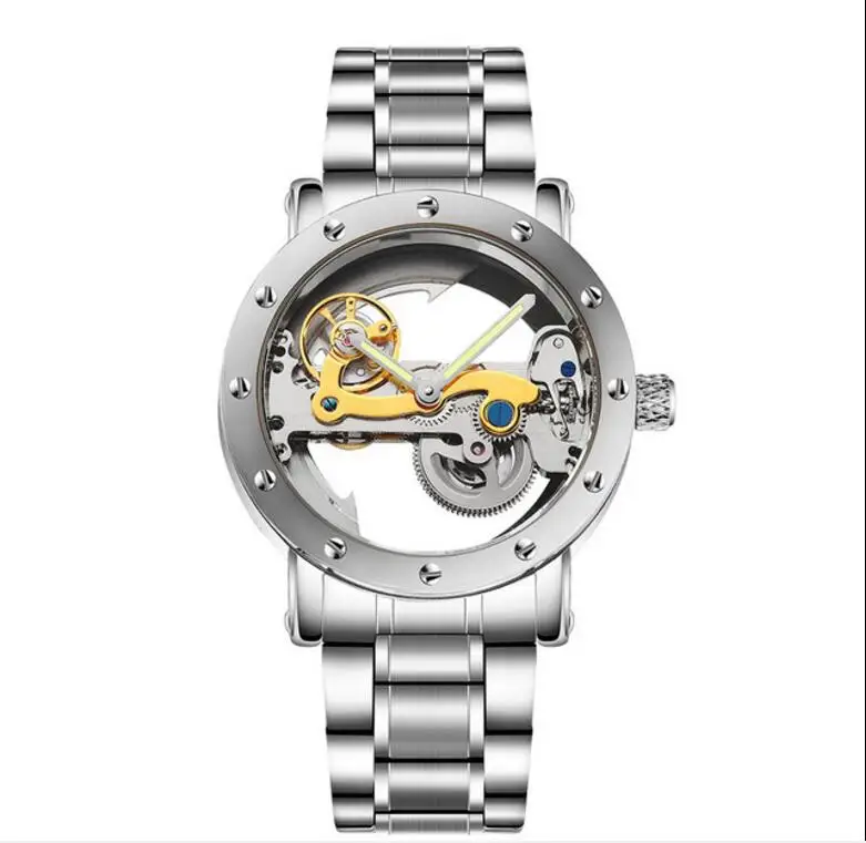 

WOONUN Luxury Gold Automatic Mechanical Watches Men Fashion Roma Case Transparent Hollow Tourbillon Mechanical Watch Waterproof