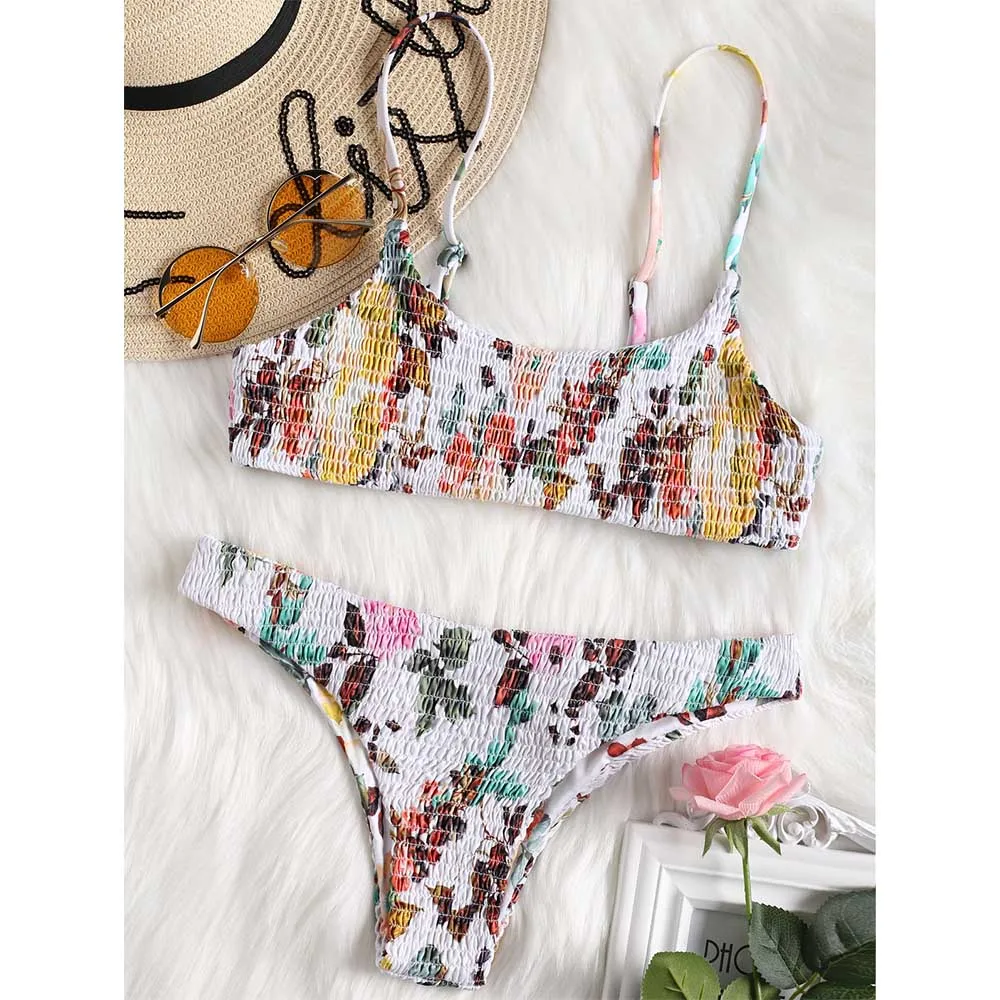 Cami Shirred Floral Bikini Spaghetti Straps Swimwear Women Sexy