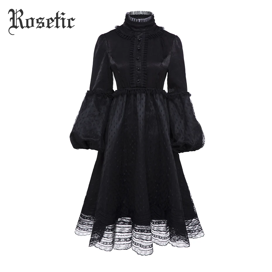 

Rosetic Gothic Vintage Dress Women Autumn Black Mesh Lace A-Line Fashion Lolita Lantern Sleeve Princess Preppy Retro Goth Dress