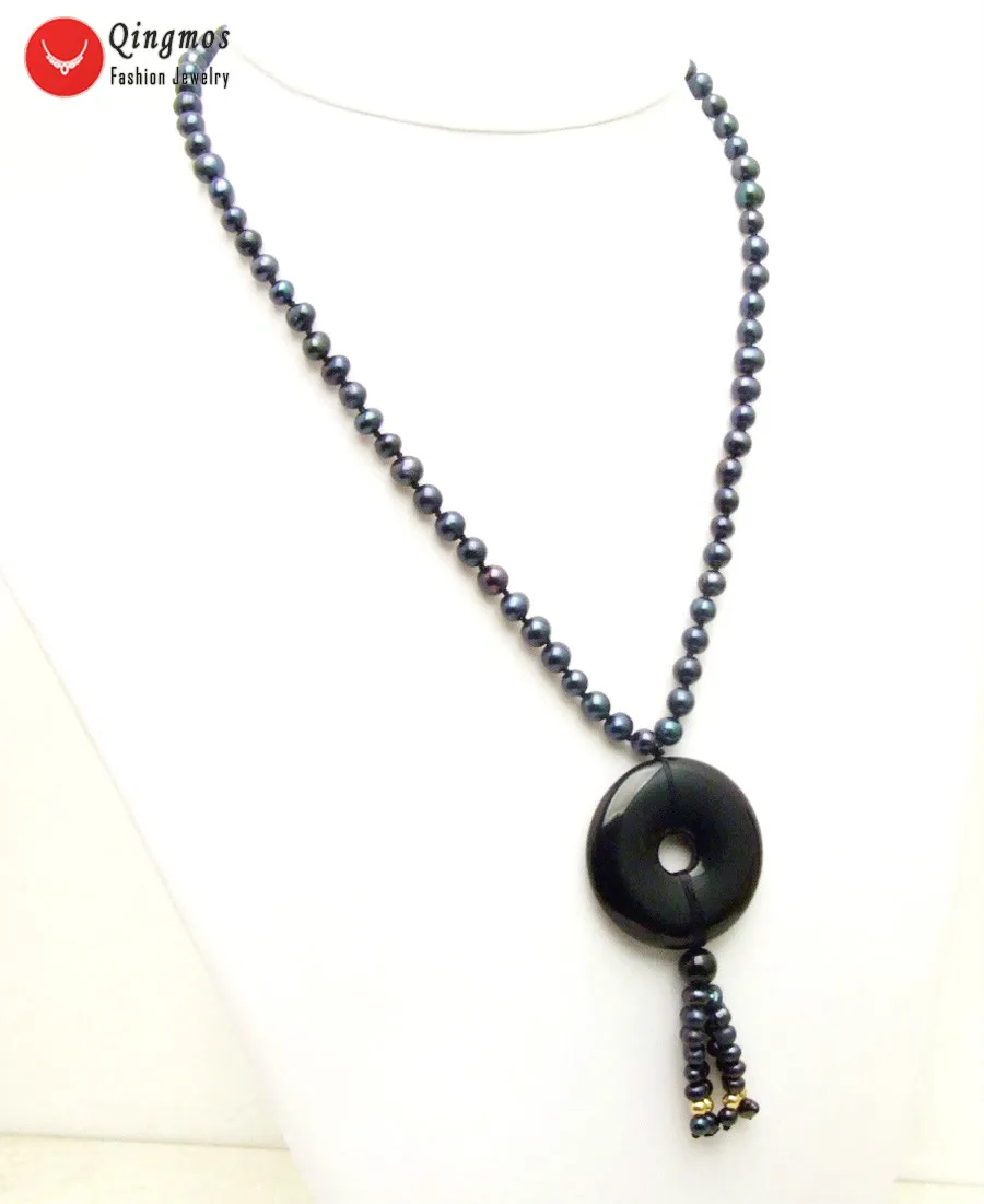 

Qingmos Natural Pearl Necklace for Women with 6-7mm Black Round Pearl & 40mm Donuts Shape Black Agates Pendant Necklace Jewelry