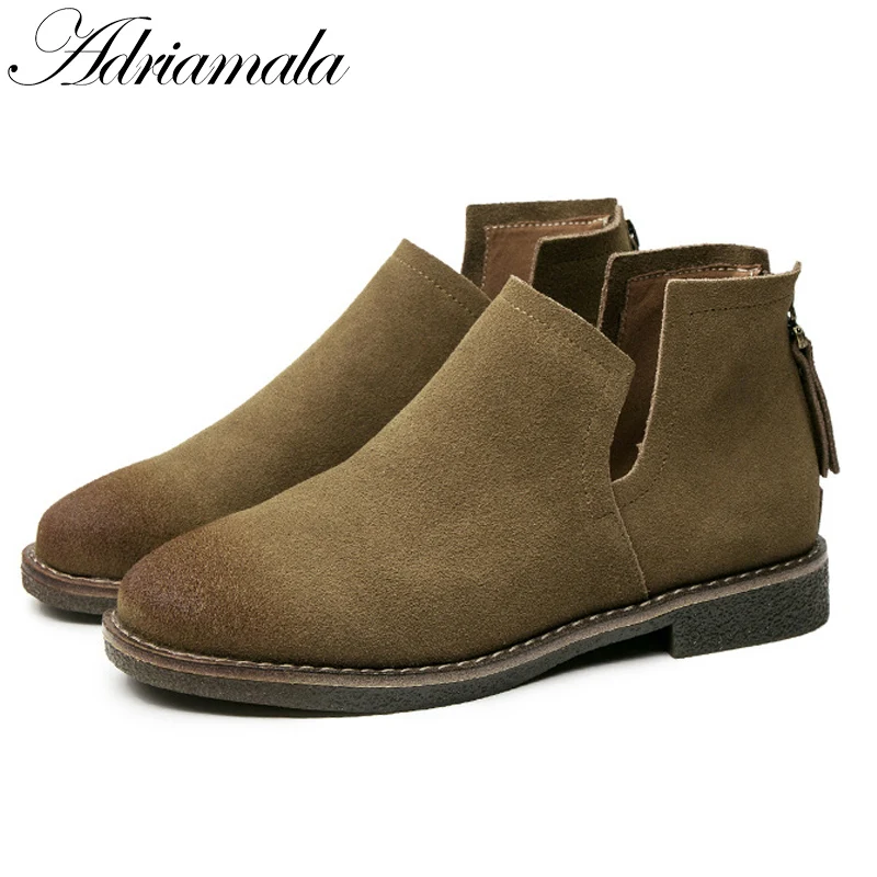 2017ChelseaBootsWomenLeatherBrandDesignerRoundToeSplitLeather