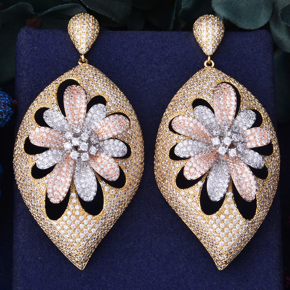 

GODKI 73mm Luxury Floral Sun Flower Leaf Leaves Full Mirco Paved Microl Zirconia Naija Wedding Earring Fashion Jewelry