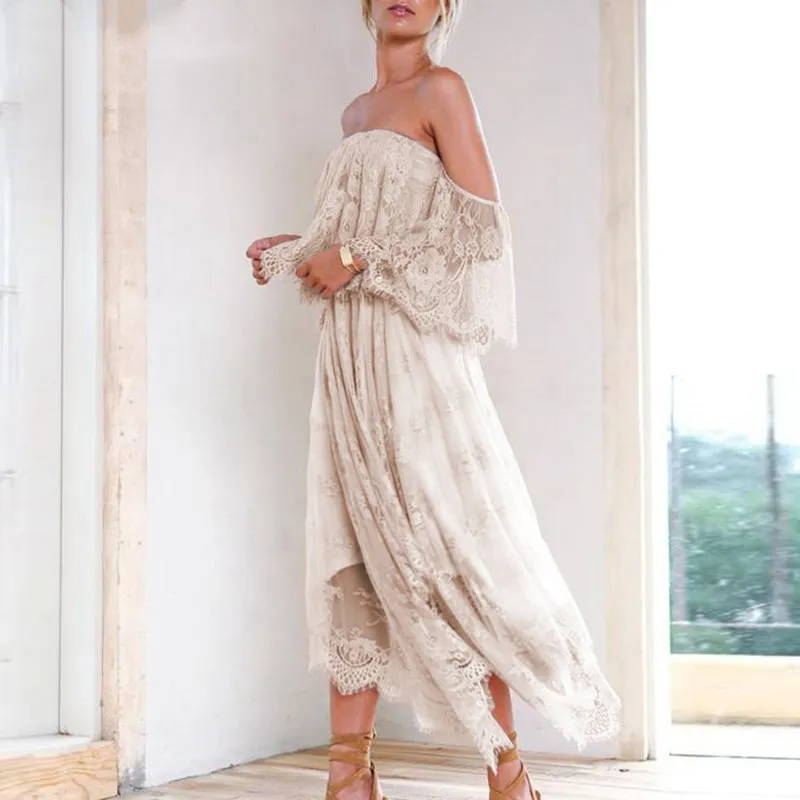 

Women Lace Off Shoulder Strapless Dress Elegant Slash Neck Maxi Dress Irregular Hem Bohemian Dress