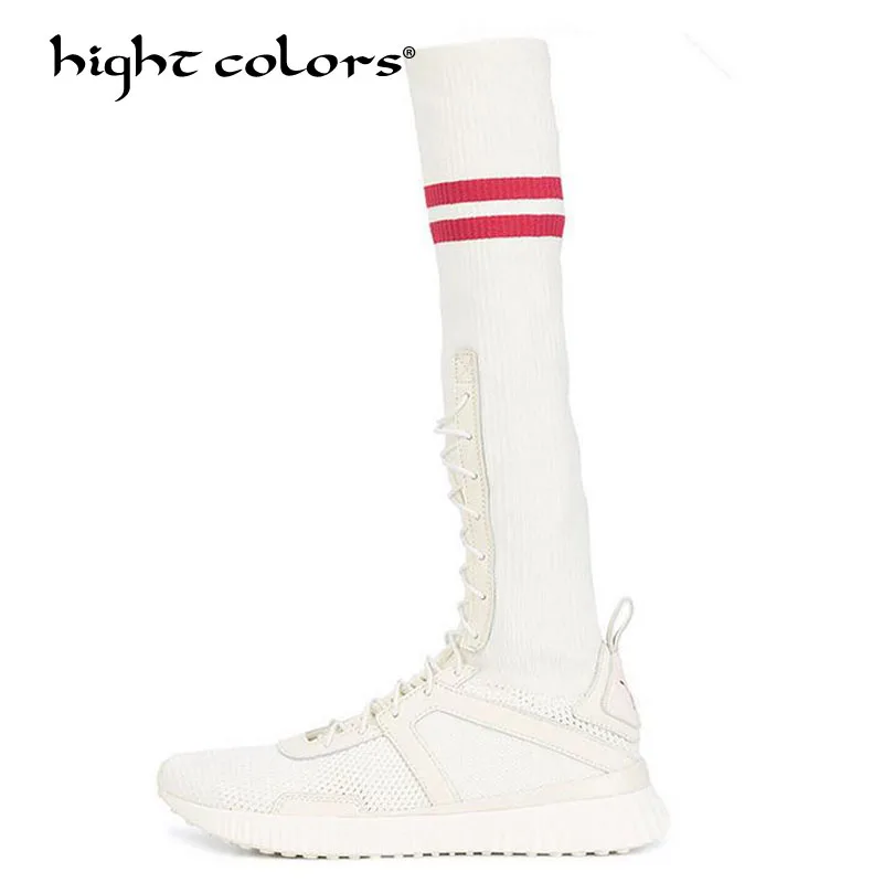 

Leather Women Sock Boots 2018 New Stretch Fabric Shoes Slip On Knee Boots Women Pumps Stiletto Boots For Womens