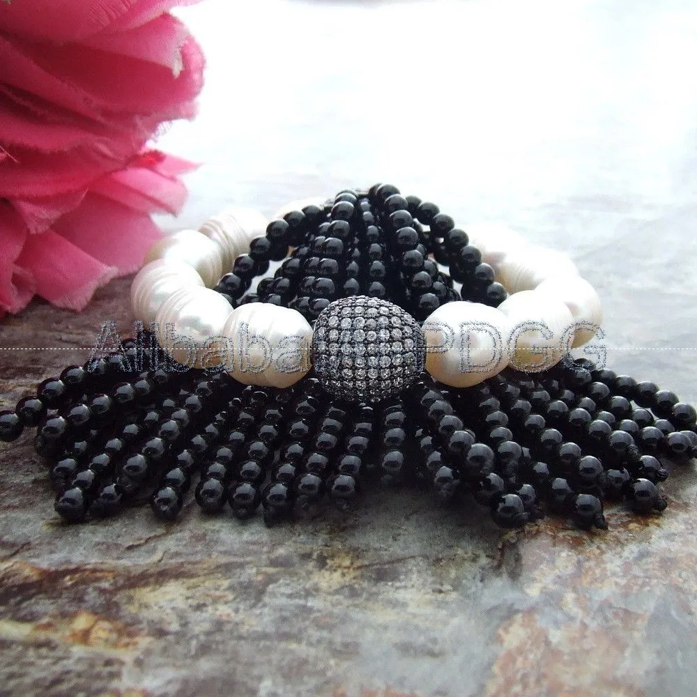 

Onyx White Rice Freshwater Pearl Bracelet CZ Pave Fringle