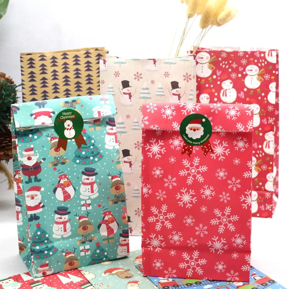 

Christmas Kraft Paper Bag, Gift Paper Bag Paper Stickers Xmas Candy Food Cookies Packing Paper Bags 8pcs/lot