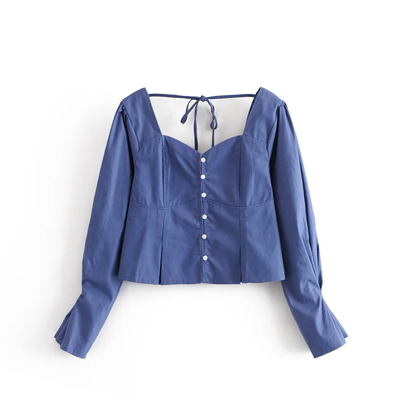 2018 Summer Women's Shirt Casual Solid Color Square Collar Lantern Sleeve Open Back |