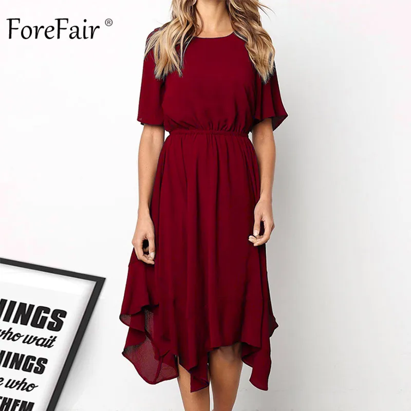 

Forefair A Line Midi Dress Chiffon High Waist Women 2019 Irregular Elastic Waist Short Sleeve Plus Size Casual Dress Summer