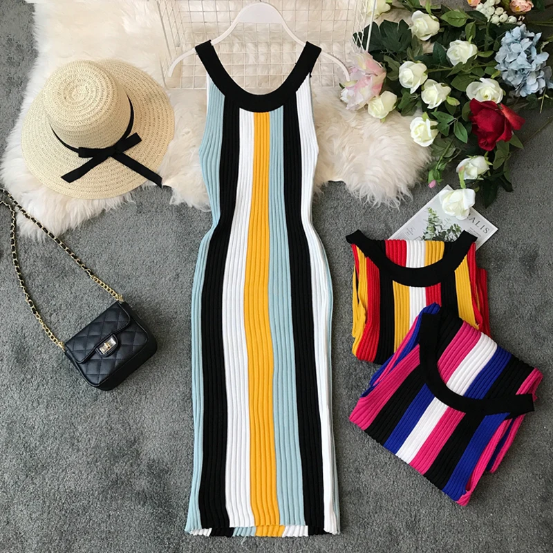 2019 New Summer Dress Women Fashion Sexy Slimming Hanging Neck Striped Knit Bag Hip Dress Sleeveless Bodycon Dresses Plus Size