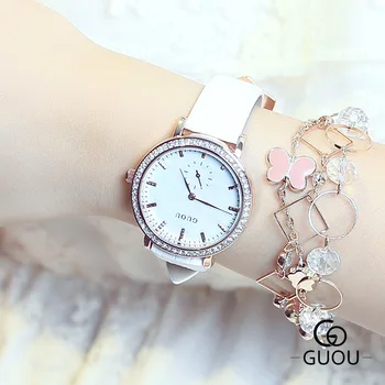 

High Quality GUOU Brand Crystal Genuine Leather Japanese Core Analog Quartz Wrist Watch Wristwatches Bracelet for Women Girls