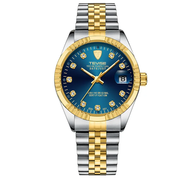 Роскошные брендовые Tevise Мужские часы Мужские автоматические механические часы из нержавеющей стали с календарем водонепроницаемые наручные часы Relogio Masculino - Цвет: gold blue