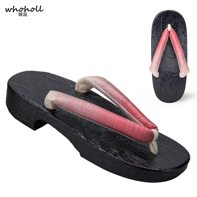 

WHOHOLL Geta Kimono Slippers Women Japanese Style Black Wooden Clogs Flat Platform Flip-flops Small Size 33 34 Cosplay Costumes