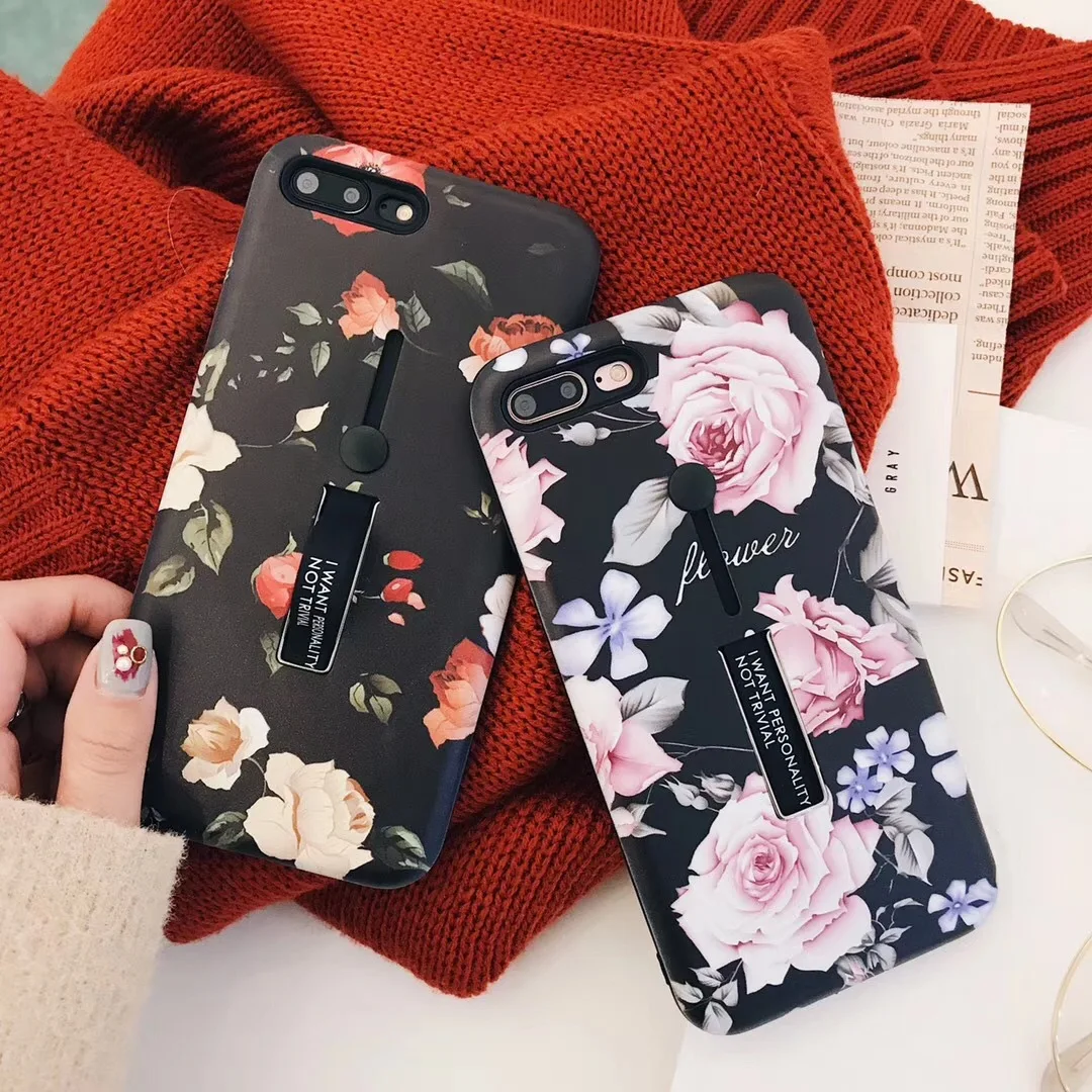 

Luxury Retro Art Rose Flower Phone case For iPhone 6 6S Puls 7 7 Puls Case Stretch Ring Stand PC Hard Plastic Back Cover Coque