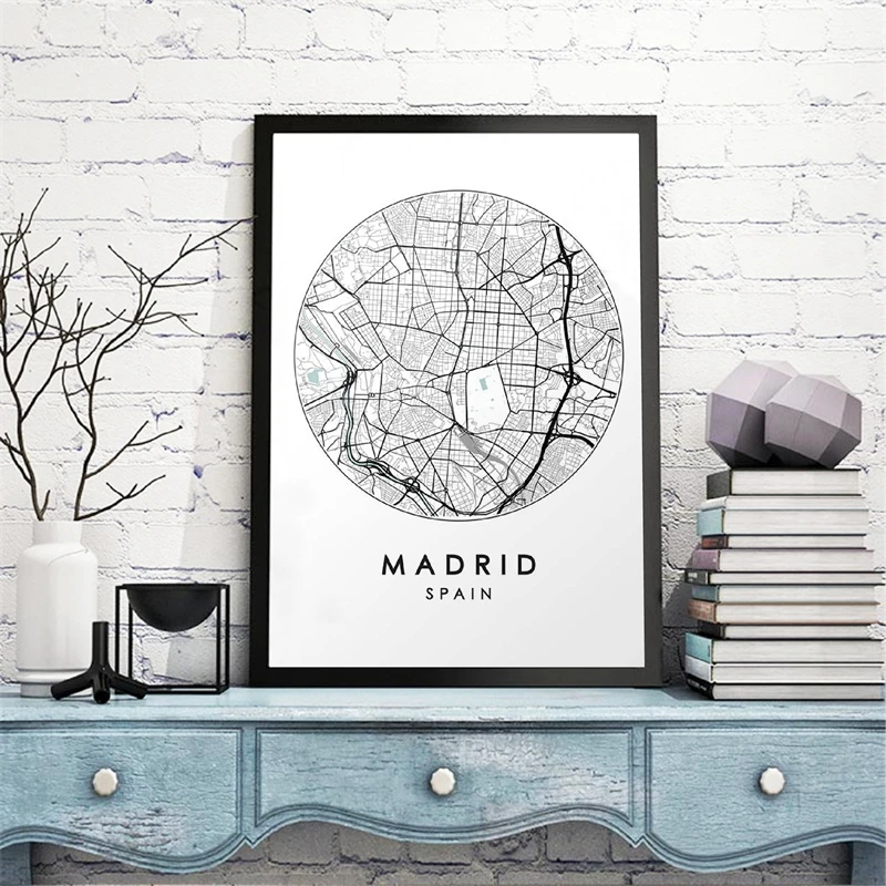 Карта города Мадрид настенная Печать на холсте и плакат испанская уличная карта картины черно-белые дорожные плакаты домашний Декор стены