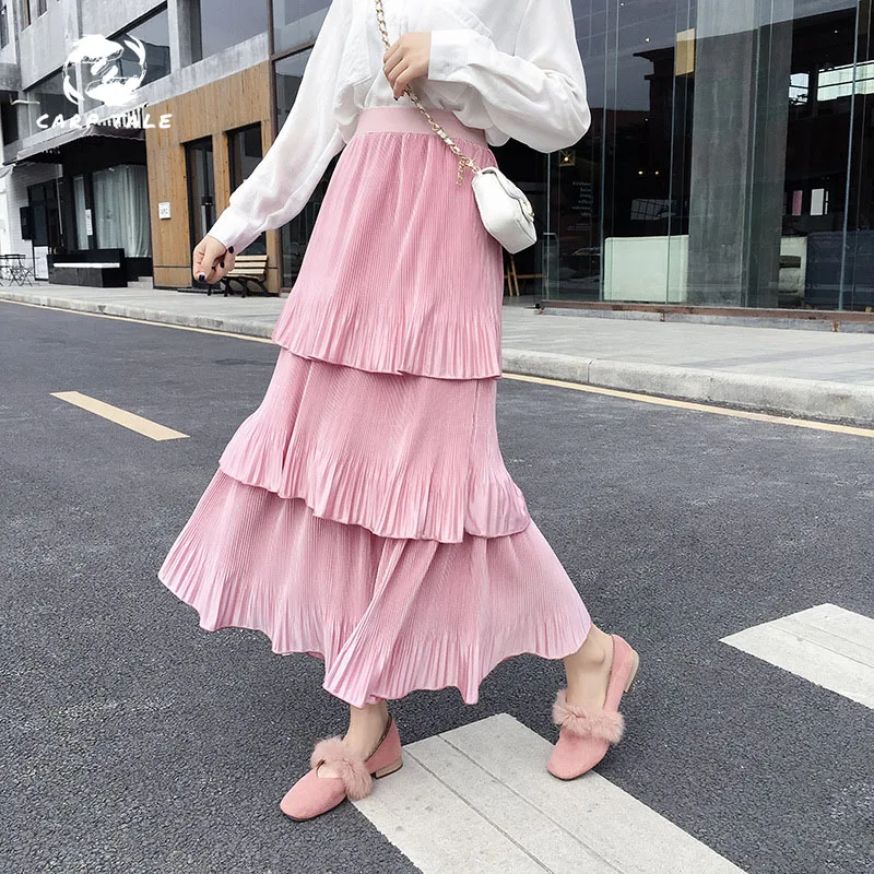 

2019 early spring high waist ice silk ruffled cake skirt skirt solid color wild casual elastic waist pleated long female onesize