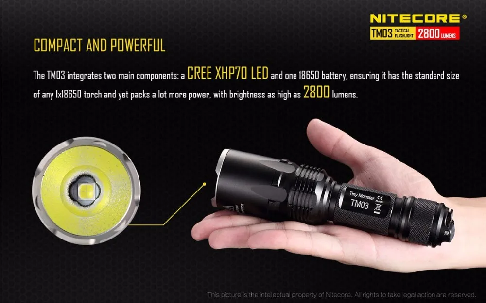 Nitecore крошечный Монстр TM03 FourCREE XHP70 светодиоды тактический фонарь 2800 люмен с TM03 18650 для Охота Рыбалка Бесплатная доставка