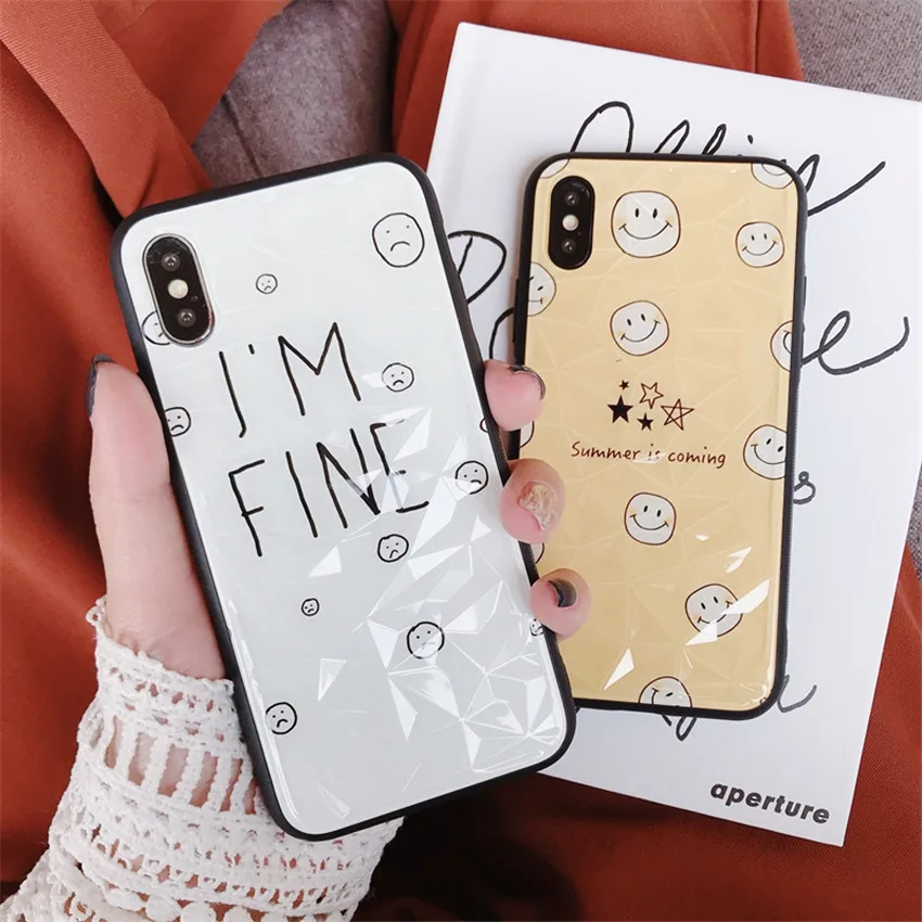 

Cartoon Smile Face Pattern Phone Case For iPhone 6 6s 7 8 Plus X XS Max XR Simple Letter Diamond texture soft shell Cover Case