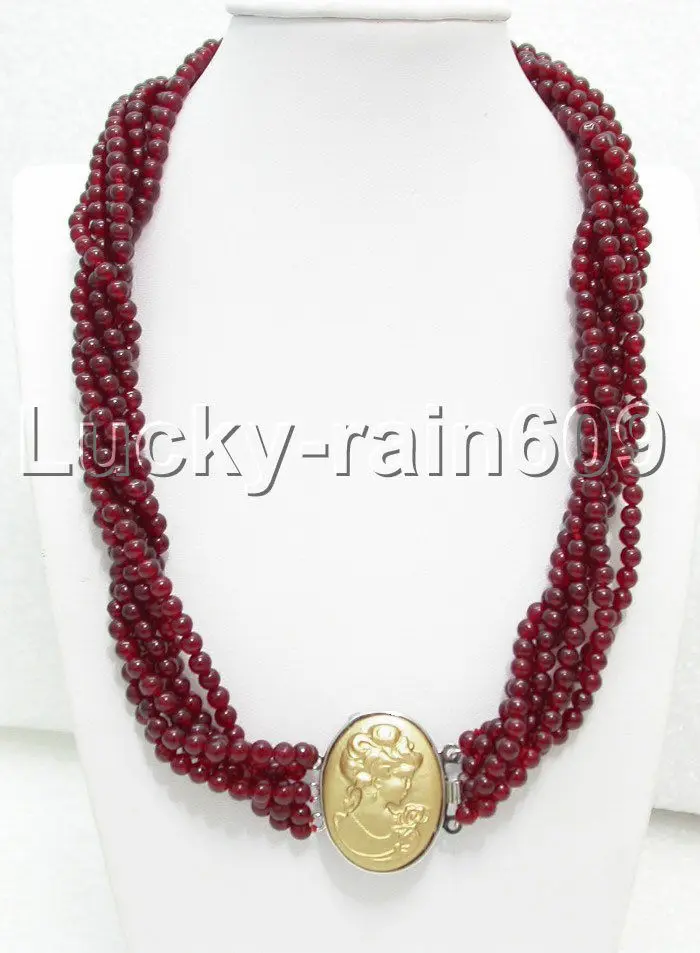 

Excellent 18" 6strands 4mm round red jade necklace CAMEO CLASP e1233