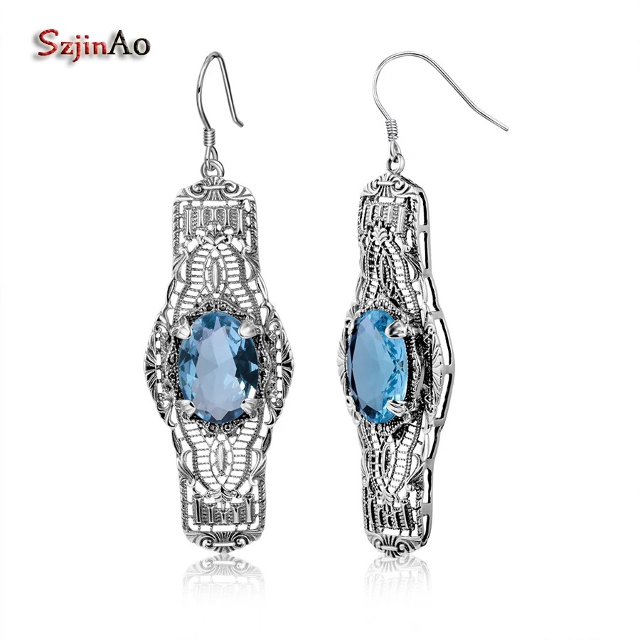 

Szjinao Luxury Jewelry Long Fashion Antique Earring Aquamarine Boho Vintage Women Genuine 925 Sterling Silver Earrings