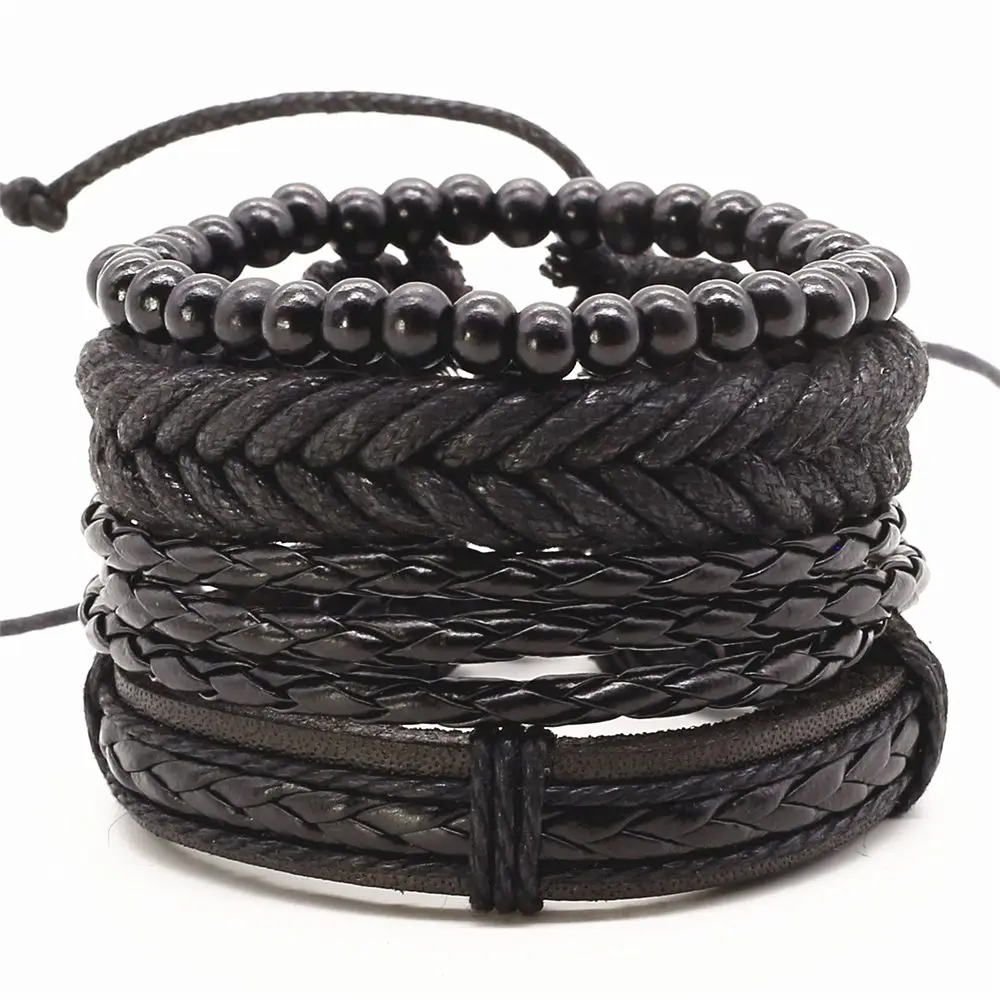 

New Causul 4pcs/set Handmade Beads Rope Woven Men Multilayer Charm Leather Bracelets For Women Homme Fashion Jewelry Accessories