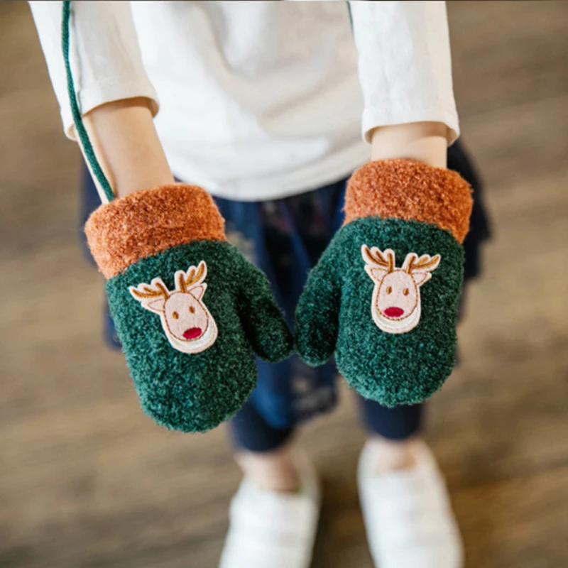 Fashion Children Winter Thick Gloves Cute Warm Winter Knitted Gloves Mittens Cartoon Print Warm Girls Boys Full Finger Gloves