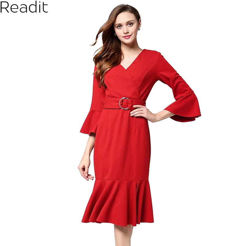 Readit Womens Elegant Dress V Neck 3/4 Flare Sleeve Slim Work Office