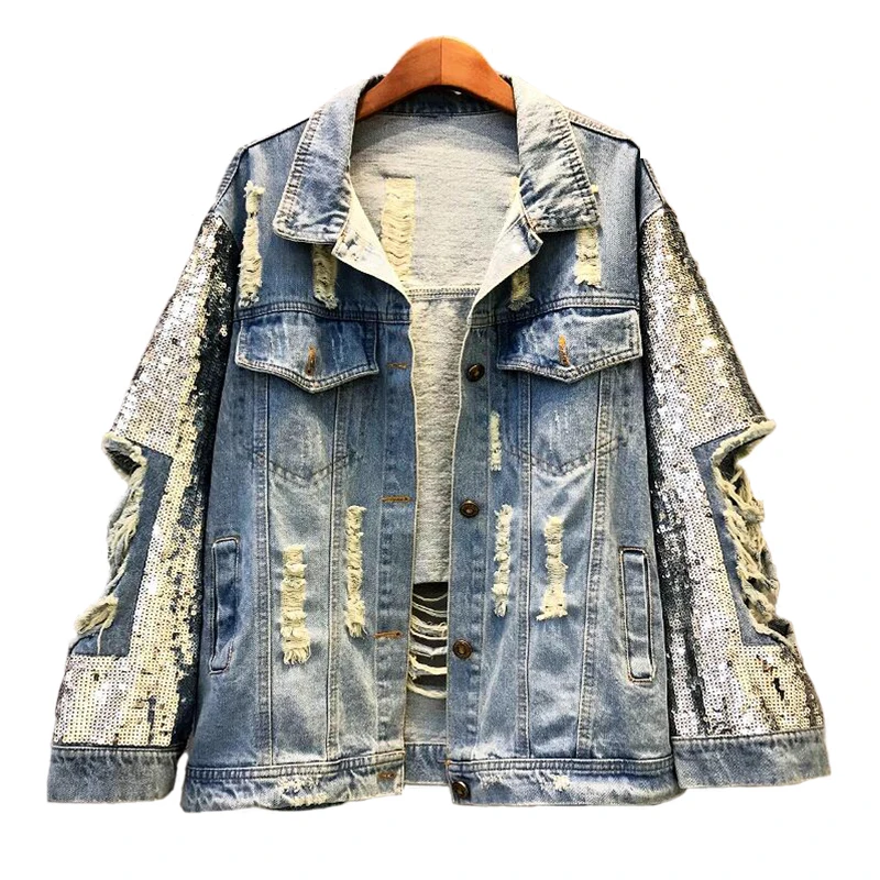 

2019 Handmade Sequin Jeans Jackets Female New Hole Denim Jacket Women Plus Size Coat Casual Basics Coat Streetwear Women