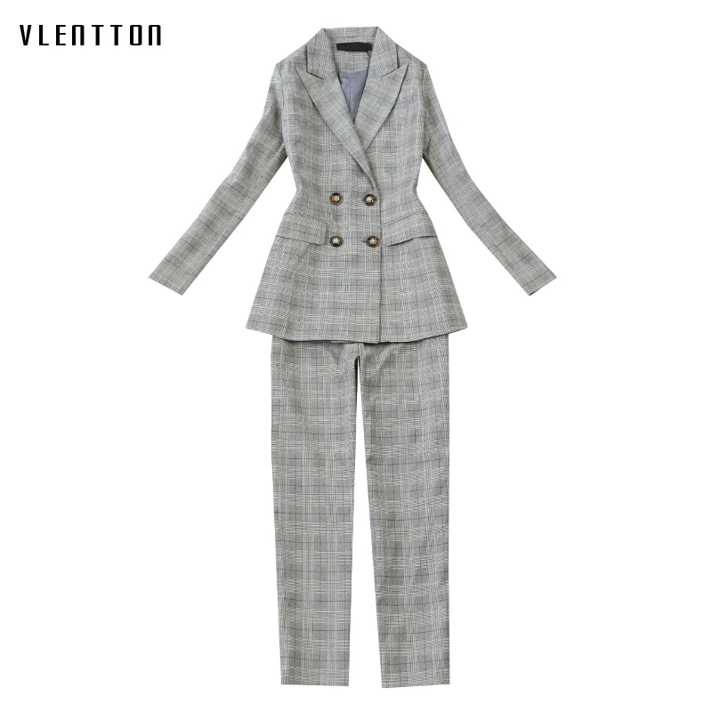 

2019 New Long Sleeve Two Piece Set Women Slim Office Long Blazer Tops and Pants Woman Suit Spring autumn Plaid Women's pantsuit