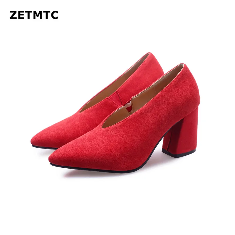 

2019 New Women Pumps Black High heels 7.5cm Autumn Flock leather Thick with summer Pointed Single Shoes Female Sandals Big 31-48