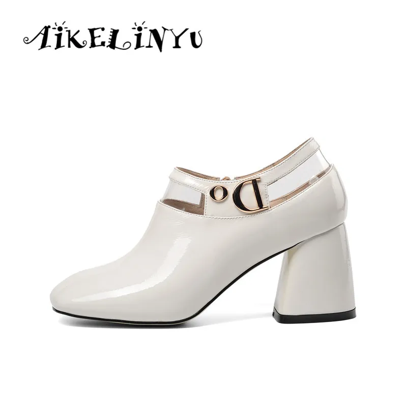 

AIKELINYU Black Pumps Women 2019 New Spring Thick High Heels Pumps Ladie Fashion Patent Leather Shoes Pvc Square Toe Women Shoes