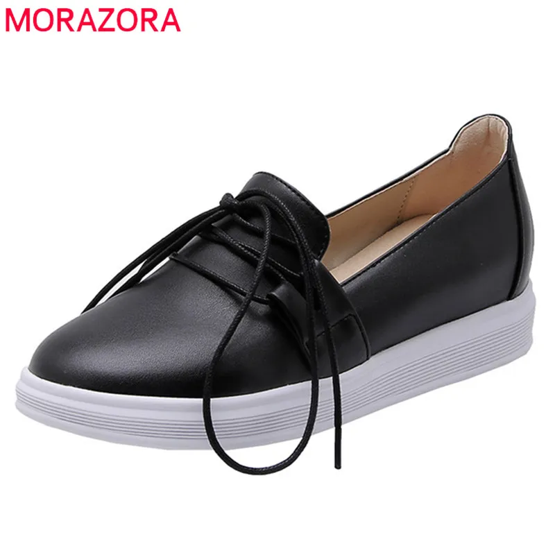 

MORAZORA 2019 big size 40 women flat shoes round toe spring summer single shoes lace up comfortable casual shoes ladies black