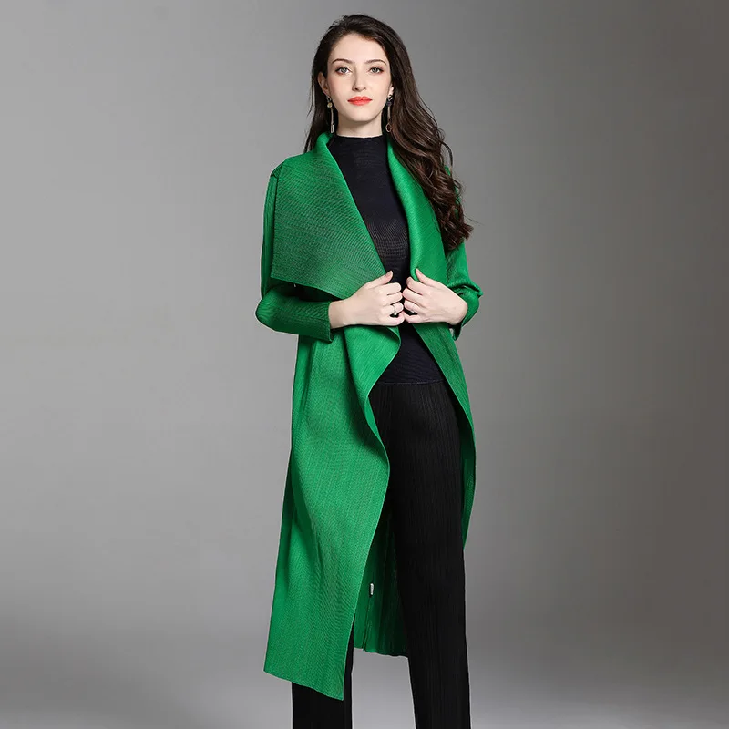 LANMREM, высокое качество, новая модная плиссированная одежда, женский кардиган с двойными лацканами, длинное пальто, Vestido YF500