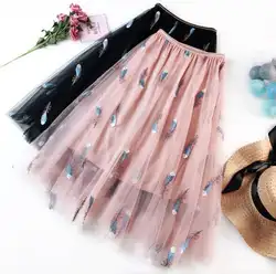 Женская юбка из сетчатой ткани с кружевной отделкой; летняя элегантная фатиновая длинная Плиссированная юбка высокого качества; falda mujer Saias