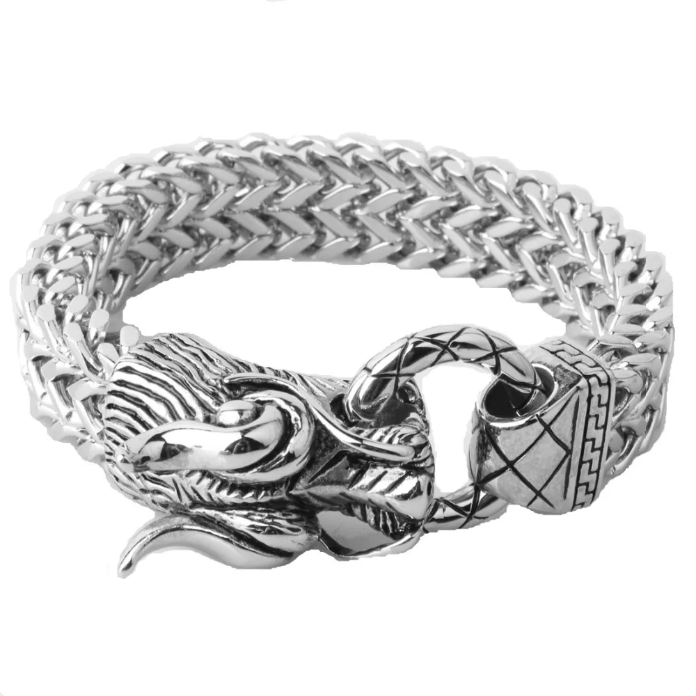 Fashion Men's Boy's Casting Cuff Bangle Bracelets Jewelry Stainless Steel Silver Color 3D Dragon Head Figaro Chain Punk Style |