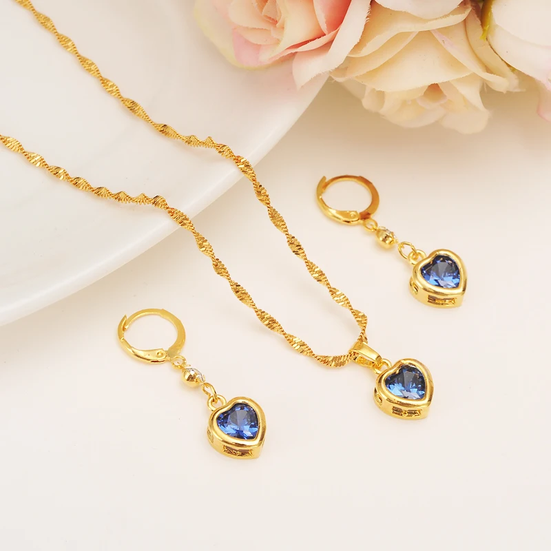 

love heart Rhinestone Ethiopian Jewelry sets Pendant Necklaces Earrings Gold girls crystal Africa women Bride Wedding charmsGift