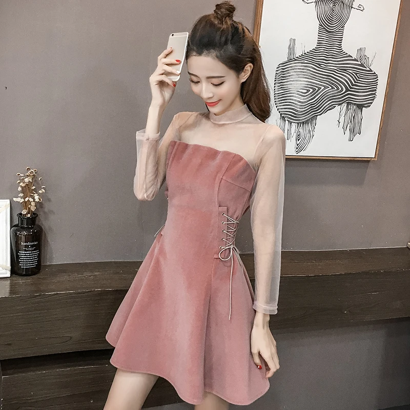 

Mesh Sexy Party Dress Spring Summer Dress Women Clothes 2019 Korean Vintage Dress Elegant Velvet Women's Dresses Vestidos ZT2407