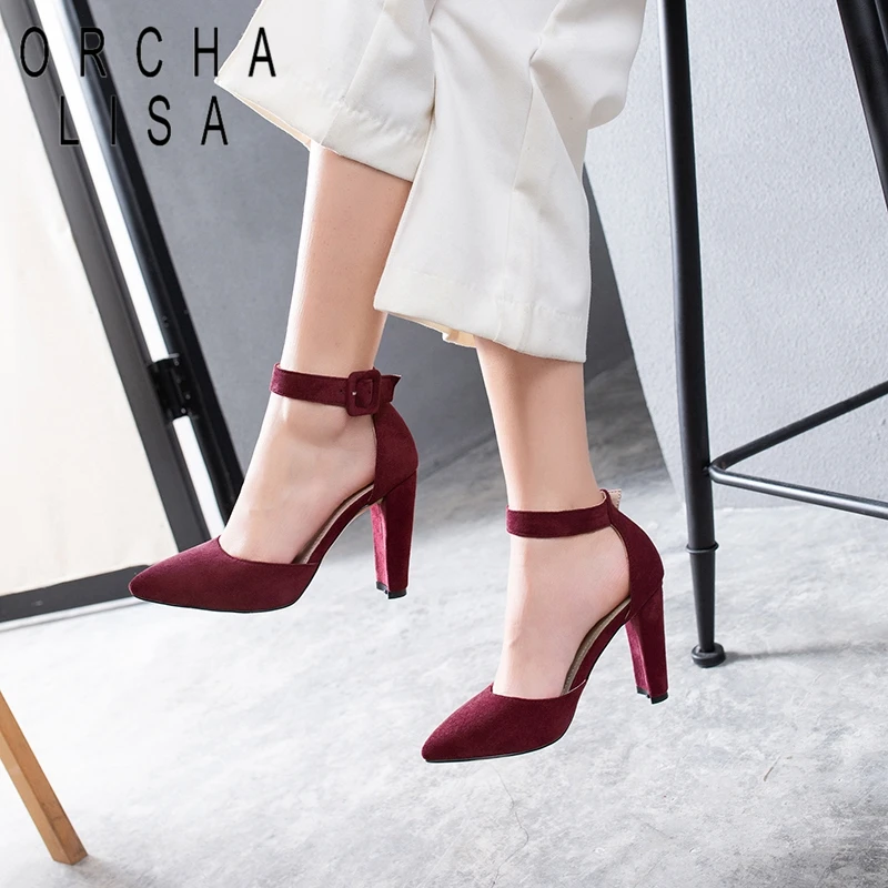 

ORCHA LISA Summer Women Flock High Heels Shoes Ankle Strap Pointed Toe Sandals Ladies Outdoor Party Zapatos Mujer Large size 45