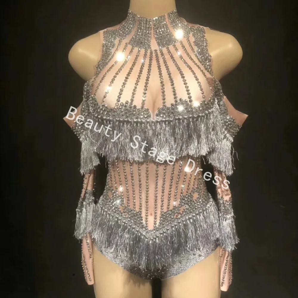 

Luxury Sparkly Crystals Tassel Bodysuit Costume Celebrate Rhinestones Birthday Silver Diamonds Leotard Sexy Nightclub