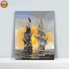 Лодка Борьба далеко картина маслом пейзаж вид на море diy Цифровая живопись маслом Декоративная живопись волны всплеск два