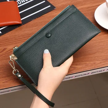 

2018 Luxury Brand Long Women Wallet Interior Moblie Phone Large Purse Real Cow Genuine Leather Card Holder Wristlet Coin Bag