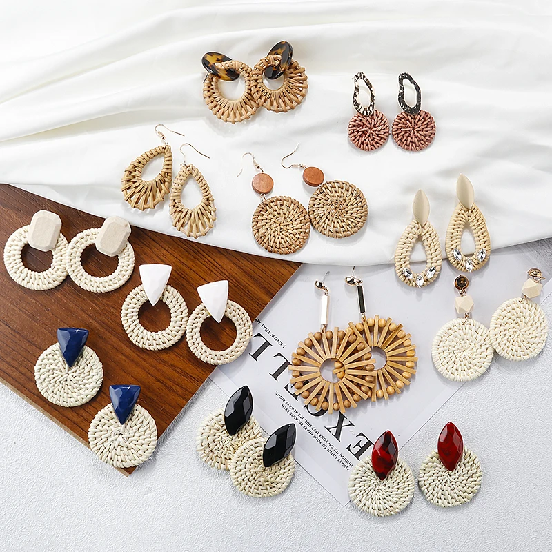 AENSOA Multiple 2019 Korea Handmade Bamboo Braid Pendent Drop Earrings New Fashion Rattan Vine Knit Long Earrings For Women Girl