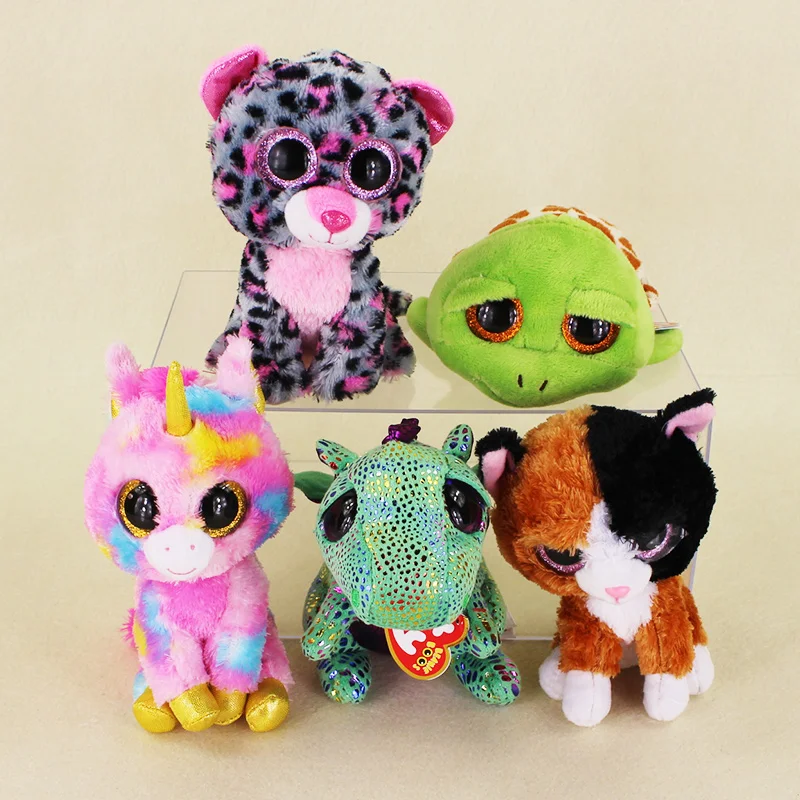 15cm Ty Beanie Boos Big Eyes Zippy Tortoise Spots Leopard Fox Green Dragon Pink Unicorn Plush