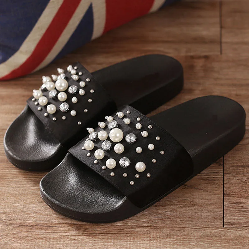 

Women Crystal Bead Pearl Slippers Summer Flip Flops Beach Shoes Woman Slippers Home Female Slides Ladies Sandals Casual Shoes