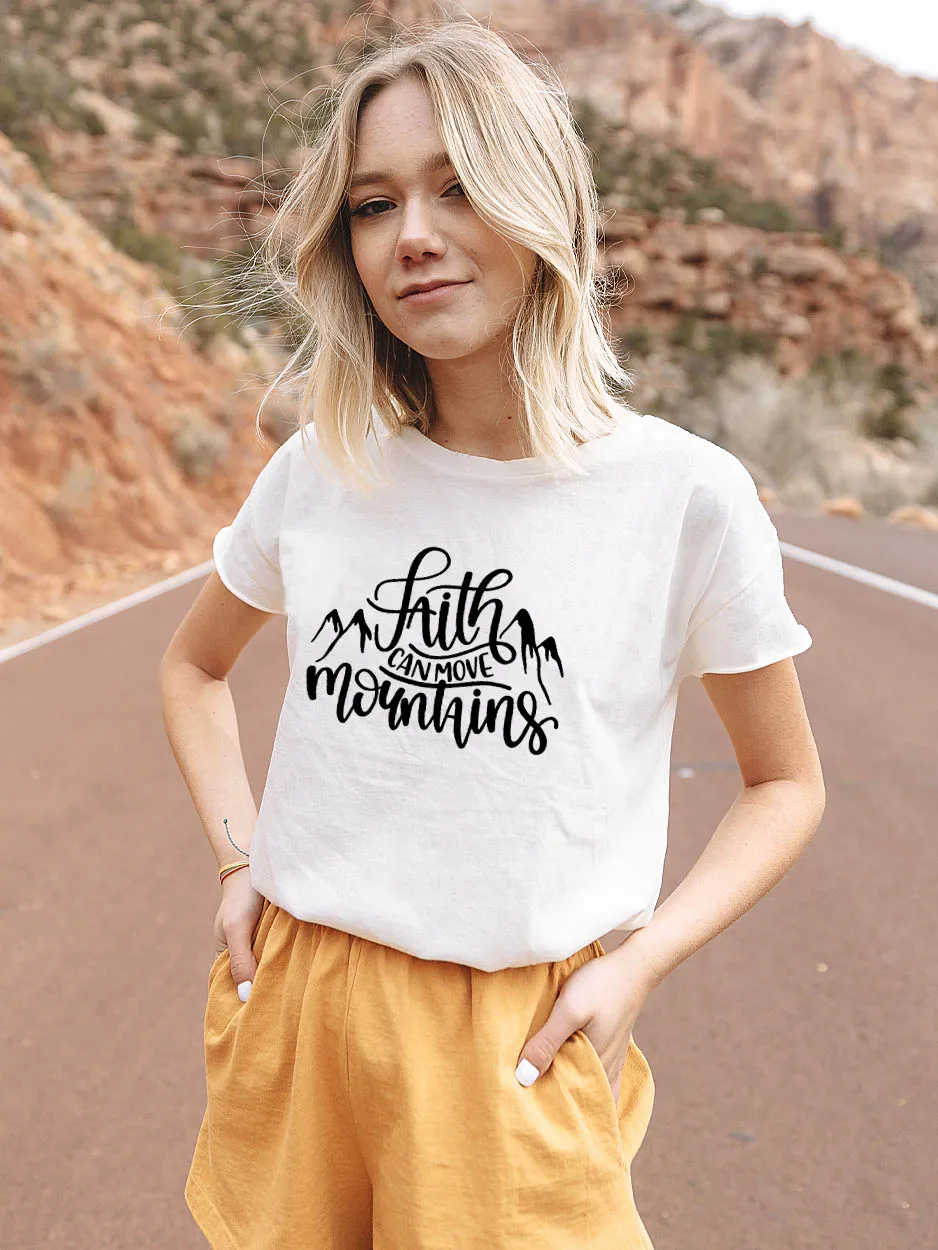 

Faith Can Move Mountains Graphic Letter Slogan Women's Summer Funny T-Shirt New Favorite Style Of Tee LifeStyle Tee Faith Shirt