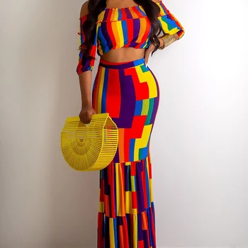 

Print Strapless Long Dress Women Two Piece Sets Half Sleeve Crop Top Pleated Dress Sexy Summer Club Outfits Elegant Party Romper
