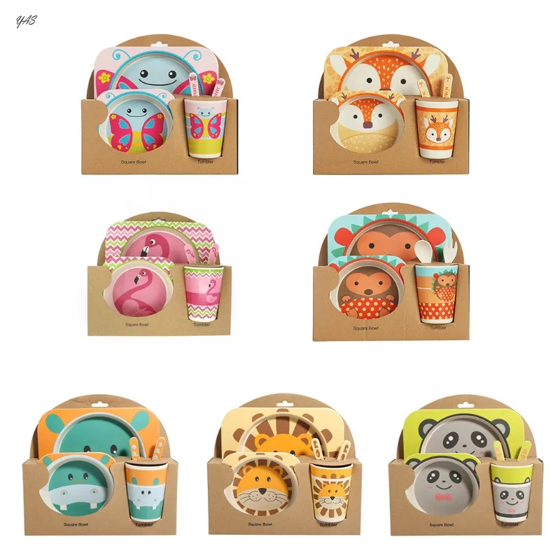 

YAS 5pcs/Set Baby Dish Tableware Spoon Fork Bowl Cup Plate Bamboo Fiber Cartoon Dinner Feeding Dishes For Kids Free Shipping