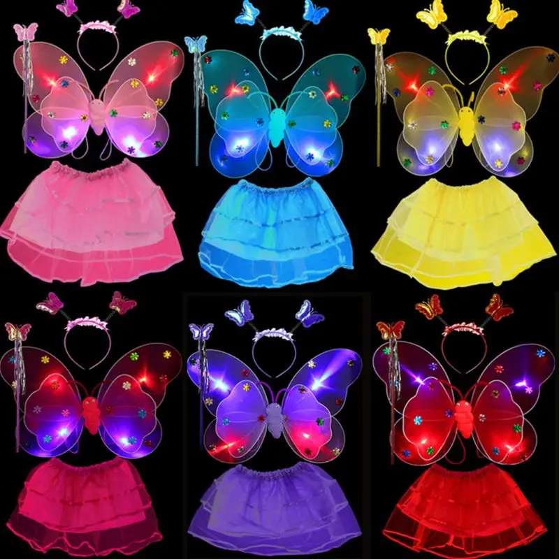 

Girl LED Double Layer Butterfly Wings Set Irregular Tiered Mesh Tutu Skirt Fairy Wand Headband Princess Party Costume 2-8T