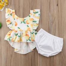 Платье с принтом апельсин для новорожденных девочек; повседневные комплекты одежды с шортами без рукавов с открытой спиной